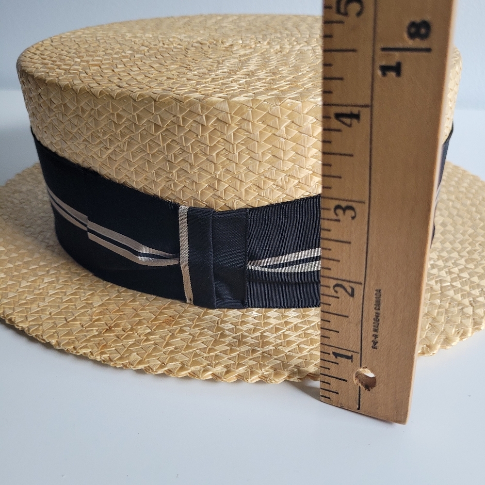 Antique Men's Florence Italy Straw Boater Hat Striped Black Ribbon Band 55-6 7/8